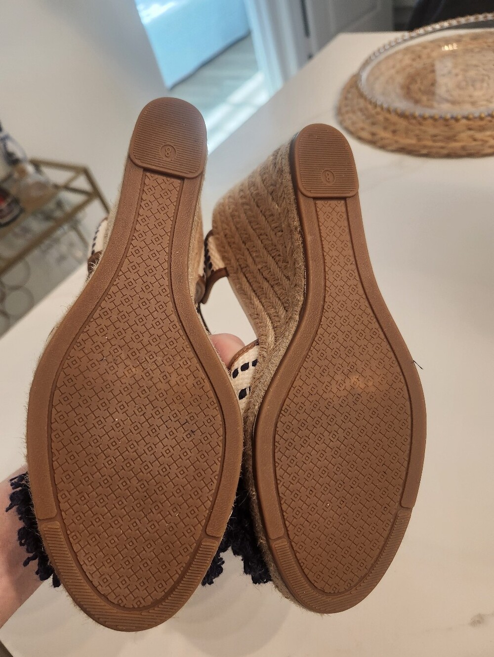 Tory Burch Shaw Espadrille Wedge Sandals In Navy Sea & Royal Tan Sz 8 - Picture 6 of 13